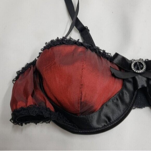 Coquette Sexy Bra Deep Red Black Lace Balconette Size Large - Picture 4 of 12